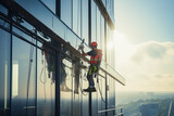 Company for cleaning skyscrapers. Industrial climbers wash windows on huge residential building. Working at height requires skills and abilities.
