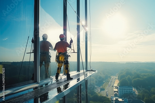 Company for cleaning skyscrapers. Industrial climbers wash windows on huge residential building. Working at height requires skills and abilities. photo