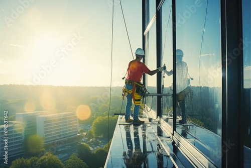 Industrial climbers wash windows on huge residential building. Working at height requires skills and abilities but low pay for dangerous job. photo