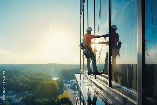 Company for cleaning skyscrapers. Industrial climbers wash windows on huge residential building. Working at height requires skills and abilities. photo
