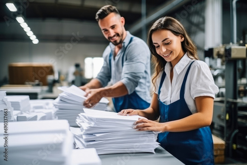 Woman and man working in paper factory, recycling paper, sustainable paper printing industry. Having small ecological business. Producing newspaper.
