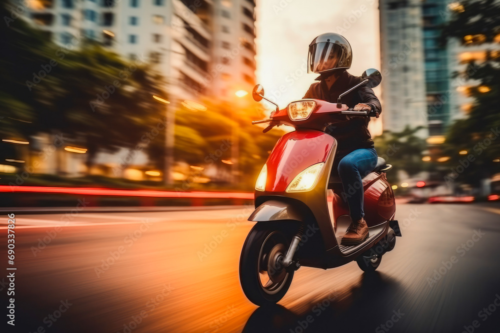 Person driving scooter in evening with blurred city lights background. Guy in helmet while riding a scooter rides around the streets. Person driving scooter in evening with blurred city lights background. Guy in helmet while riding a scooter rides around the streets.