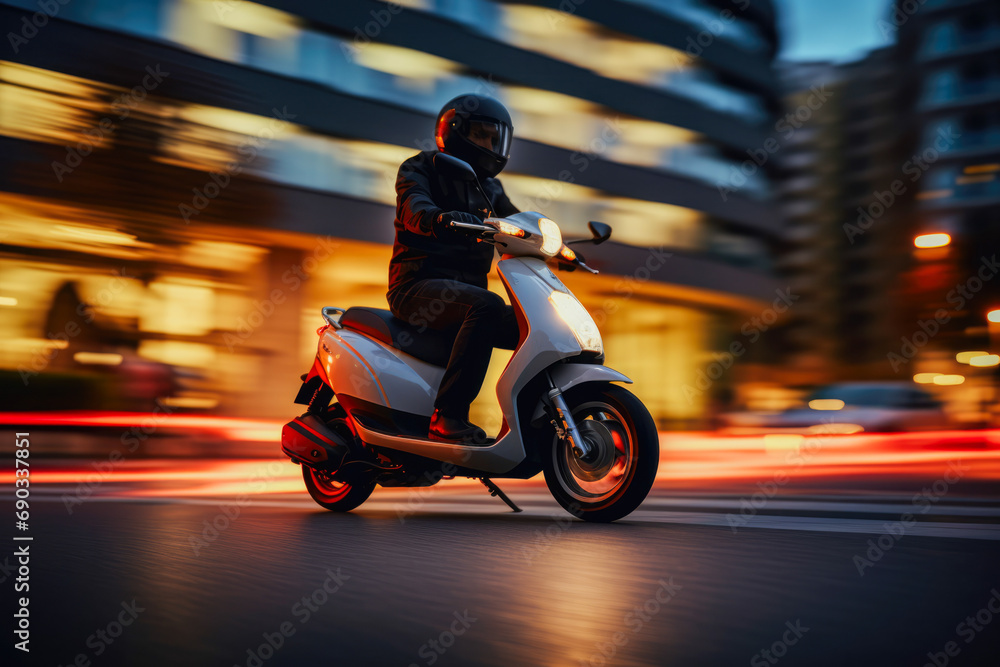 Person driving scooter in evening with blurred city lights background. Guy in helmet while riding a scooter rides around the streets.
