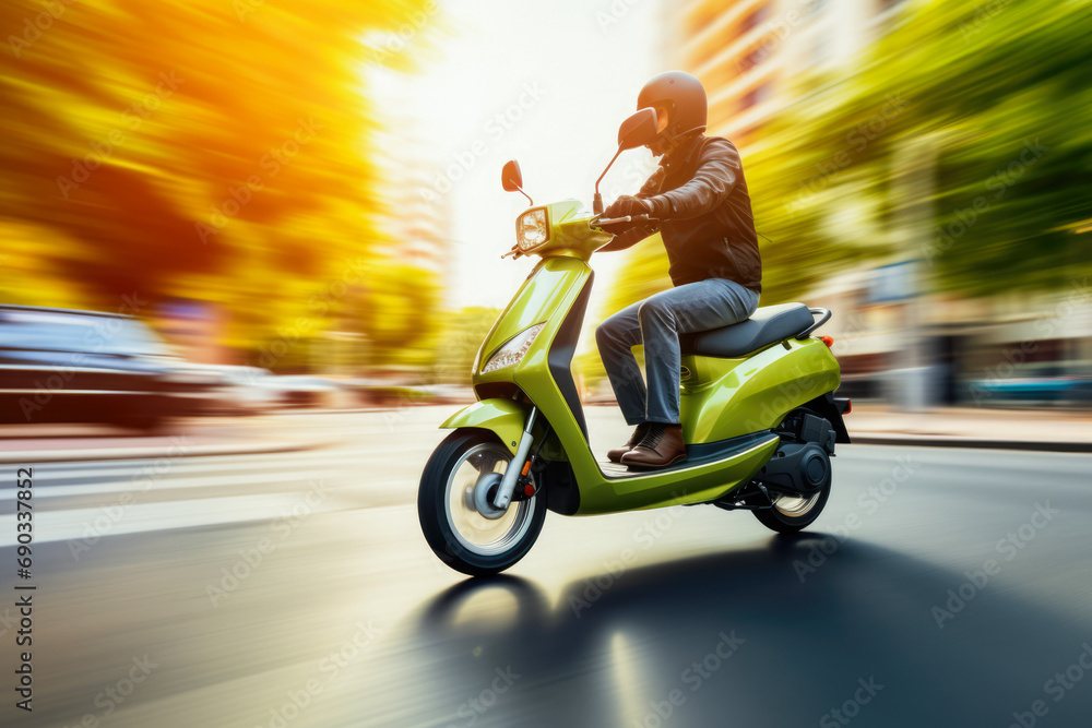 Person driving scooter in evening with blurred city lights background. Guy in helmet while riding a scooter rides around the streets. Person driving scooter in evening with blurred city lights background. Guy in helmet while riding a scooter rides around the streets.