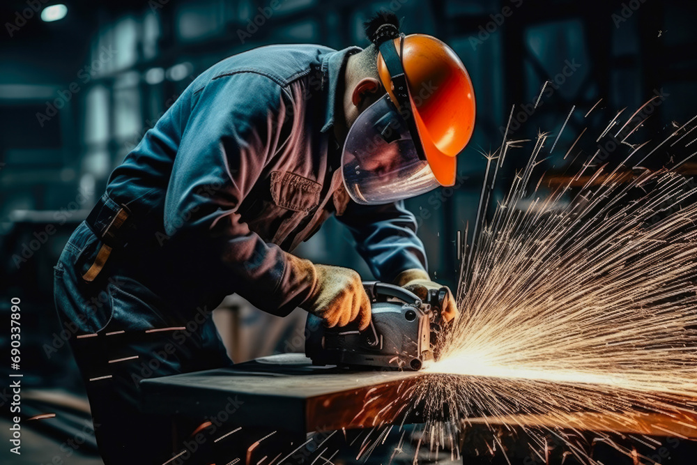A metal and iron factory worker processing metal construction with grinder. Worker grinding in a workshop. Heavy industry factory. A metal and iron factory worker processing metal construction with grinder. Worker grinding in a workshop. Heavy industry factory.