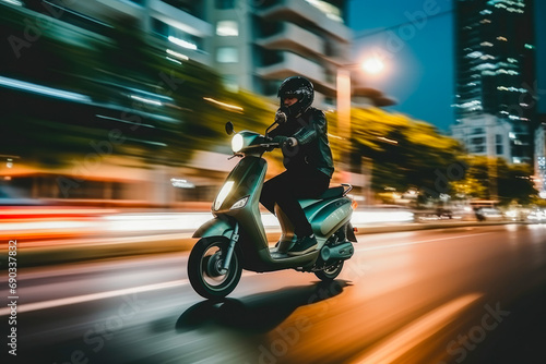 Person driving scooter in evening with blurred city lights background. Guy in helmet while riding a scooter rides around the streets. © VisualProduction