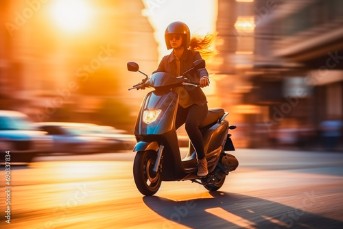 Person driving scooter in evening with blurred city lights background. Woman in helmet while riding a scooter rides around the streets. © VisualProduction