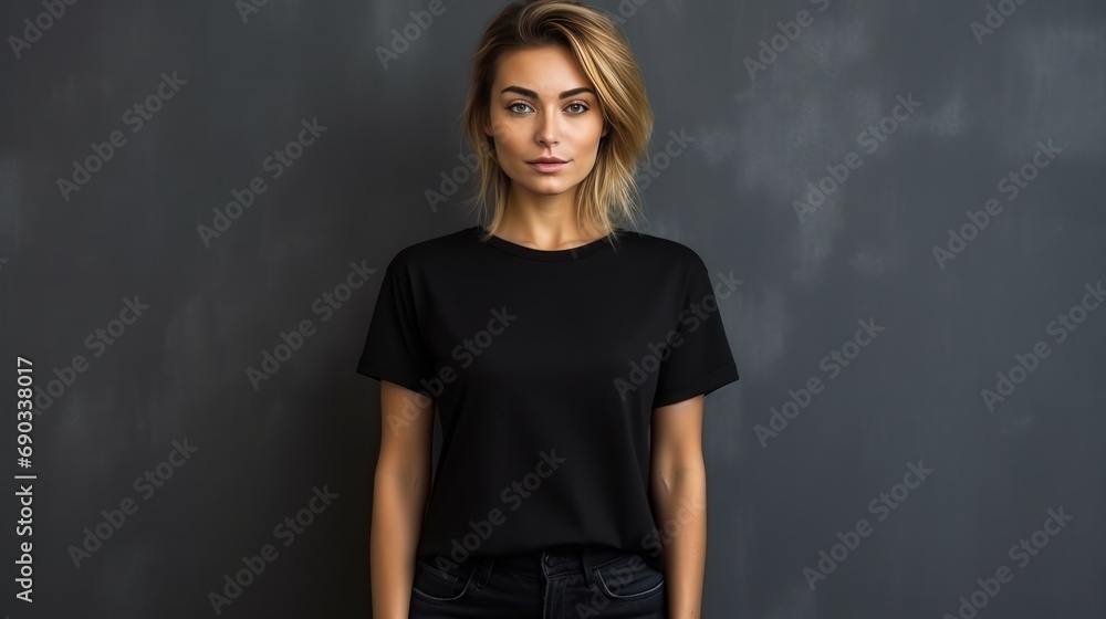 Handsome young  white  female wearing black blank cotton t-shirt with space for your logo or design, generative ai - obrazy, fototapety, plakaty 