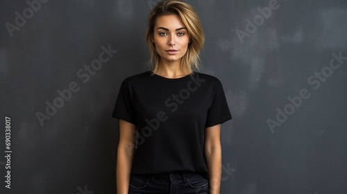 Handsome young  white  female wearing black blank cotton t-shirt with space for your logo or design, generative ai