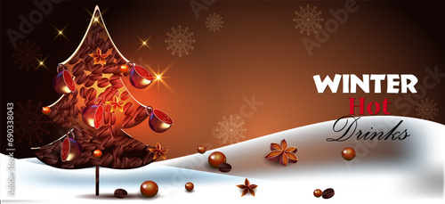 Hot winter drinks banner template. Coffee tree in snowdrifts and cups
