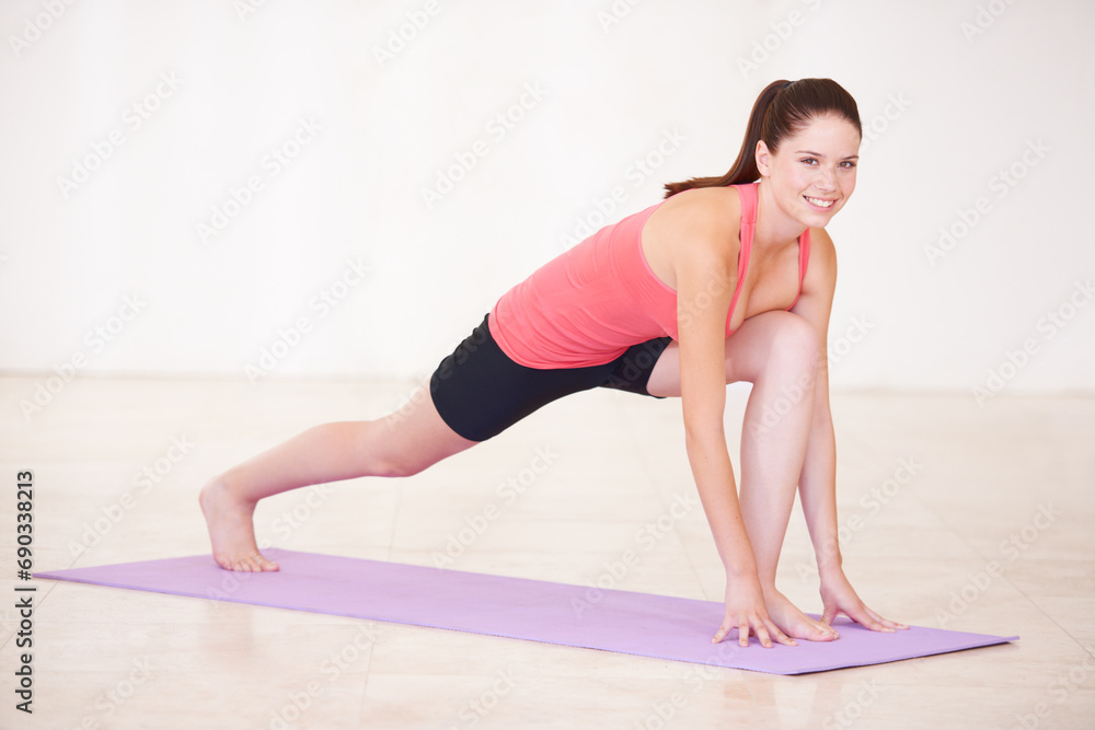 Portrait, yoga and woman with smile, stretching and workout with performance on a background. Face, person and girl with fitness for health, wellness and progress with weight loss, peace or training Portrait, yoga and woman with smile, stretching and workout with performance on a background. Face, person and girl with fitness for health, wellness and progress with weight loss, peace or training