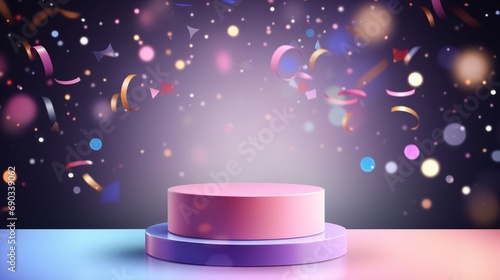 An abstract background showcases a cylindrical podium adorned with vibrant confetti and ribbons, perfect for product presentations, mock-ups, showcasing cosmetic products, and providing an attractive  photo