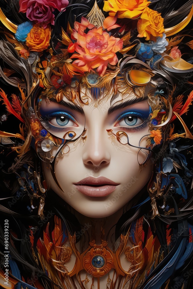 Concept of beauty with a portrait of a woman with floral abstract covering her face.
