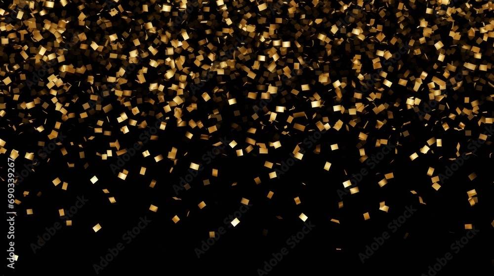 Cascading and sparkling gold confetti overlaying a black background, creating an enchanting effect perfect for enhancing festive event decorations. Cascading and sparkling gold confetti overlaying a black background, creating an enchanting effect perfect for enhancing festive event decorations.