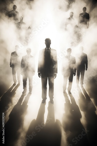 business leader in silhouette with 4 other smaller team members and strong lighting behind with shadows to front in smoky atmosphere.