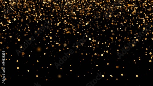 Cascading and sparkling gold confetti overlaying a black background, creating an enchanting effect perfect for enhancing festive event decorations.
