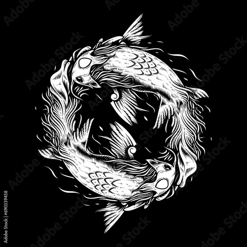 Two koi carps. Yin yang symbol. Vintage engraving monochrome illustration. Isolated on white