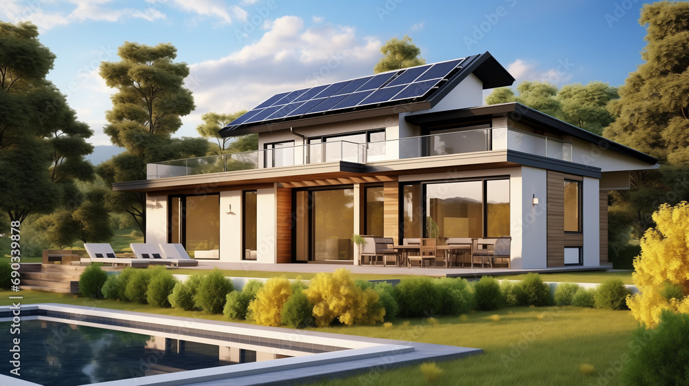 Eco-Friendly Modern Living: House with Solar Panels and a Pool at Dusk