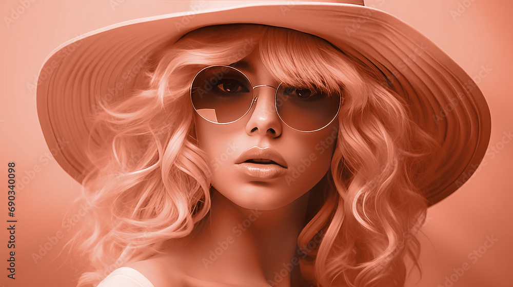 Woman wearing a straw hat and sunglasses, color of the year 2024. Woman wearing a straw hat and sunglasses, color of the year 2024.