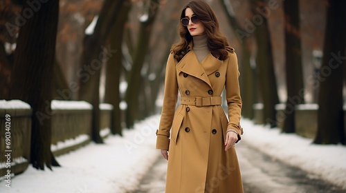 Create a timeless and sophisticated wool trench coat in a classic camel color, ideal for a winter stroll. photo