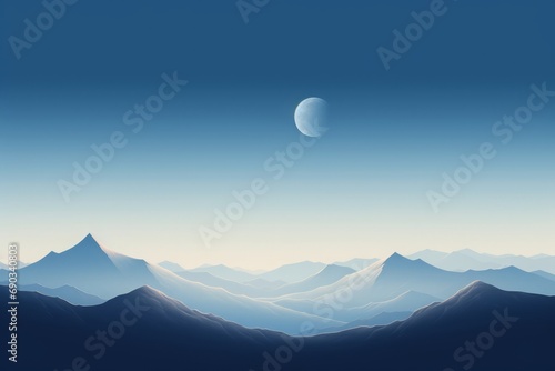 Serene Moonlit Mountains - A peaceful scene with the crescent moon hanging over soft blue mountain ranges, evoking the quietude of the night.   © Kishore Newton