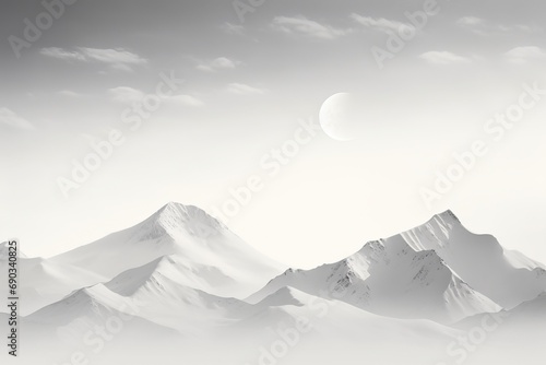 Moon over Mountains - A serene scene of a waning moon over soft monochrome mountains, evoking quiet contemplation and the beauty of the natural world.

 photo