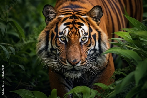 Tiger in the Wild - A majestic tiger peering through lush green foliage, its stripes camouflaging with the environment, a powerful symbol of wildlife.   © Kishore Newton