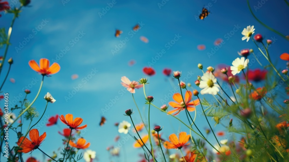 flying exclusive flowers against the background of the summer sky, bottom view.