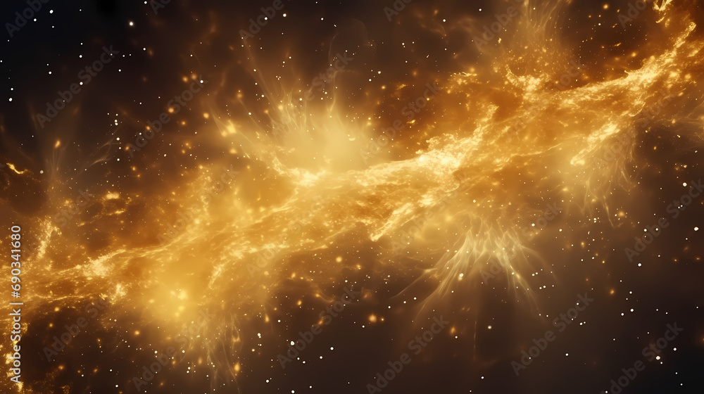 Magic Gold Abstract Holiday Background. Beautiful Explosion of Gold Dust and Art in Galaxy Wide Angle View