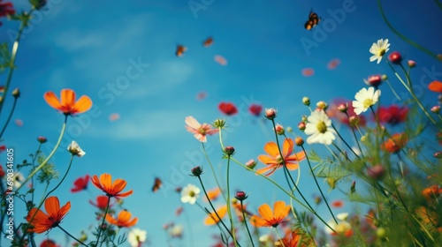 flying exclusive flowers against the background of the summer sky  bottom view.