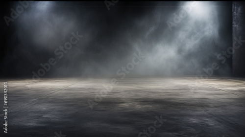 Explore the cinematic setting of an empty studio dark room, with a grunge texture floor basking in the glow of spot lighting, while a subtle mist adds depth to the background.