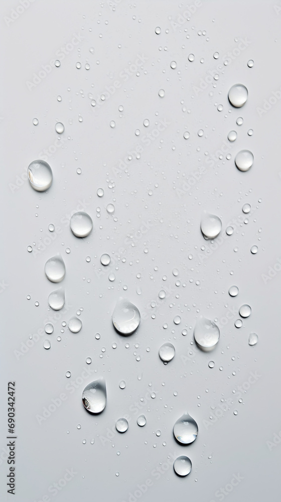 transparent water drops sprayed on white wall in the middles, there is some small and big particles created with Generative Ai