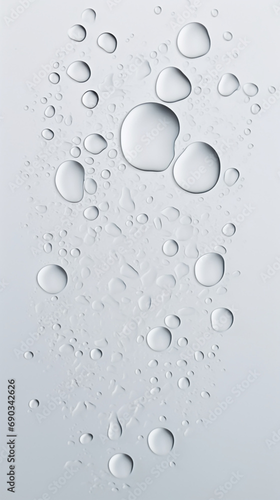 transparent water drops sprayed on white wall in the middles, there is some small and big particles created with Generative Ai