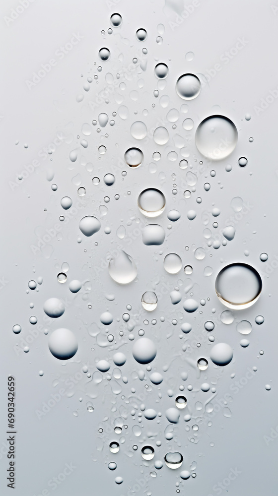 transparent water drops sprayed on white wall in the middles, there is some small and big particles created with Generative Ai