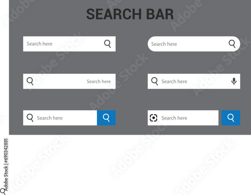 Search Bar for UI design icon and web site set of 6. Search Address bar icon. Collection of search for websites.