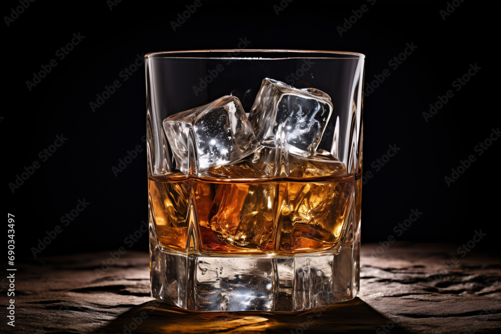 A close-up of a glass brimming with cubes of ice and a splash of whisky. A close-up of a glass brimming with cubes of ice and a splash of whisky.