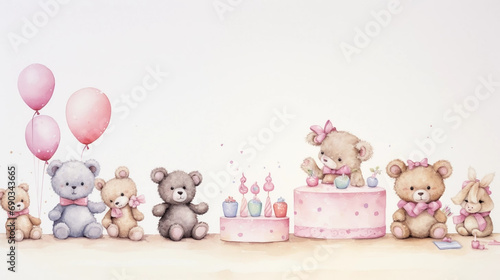 copy space, Girls Birthday Card with Cute birthday cakes, balloons, stuffed animals, girly birthday card. Template, mockup for girl birthday card or invitation card. Sweet design, girly fairytail birt photo