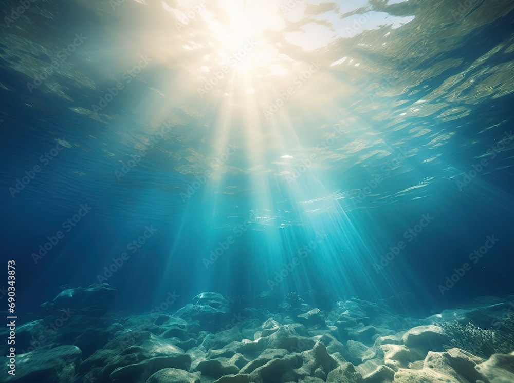 Shining sun rays in sea underwater with rocky bottom, water surface with sun glare and rays of light underwater background image Generative AI