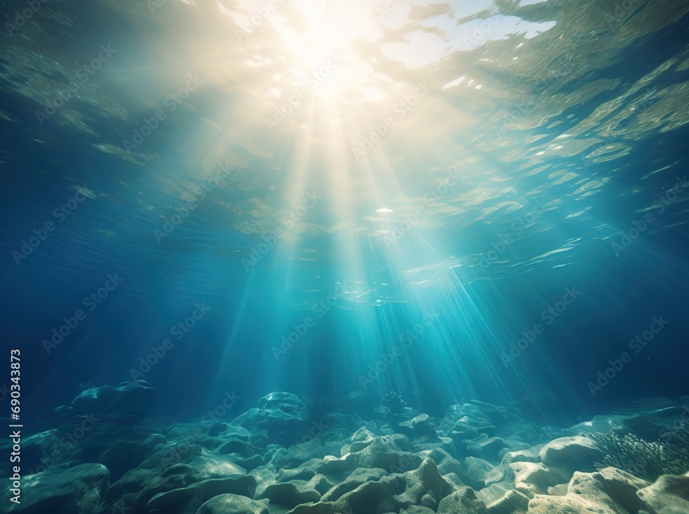 Fototapeta premium Shining sun rays in sea underwater with rocky bottom, water surface with sun glare and rays of light underwater background image Generative AI