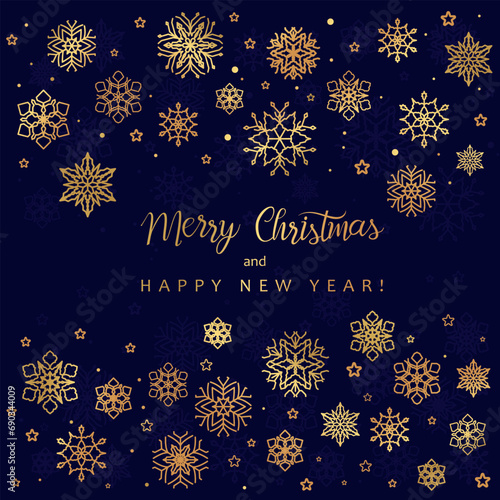Vector Merry Christmas banner with golden snowflakes.