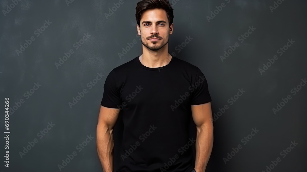 Handsome young  white  male wearing black blank cotton t-shirt with space for your logo or design generative ai