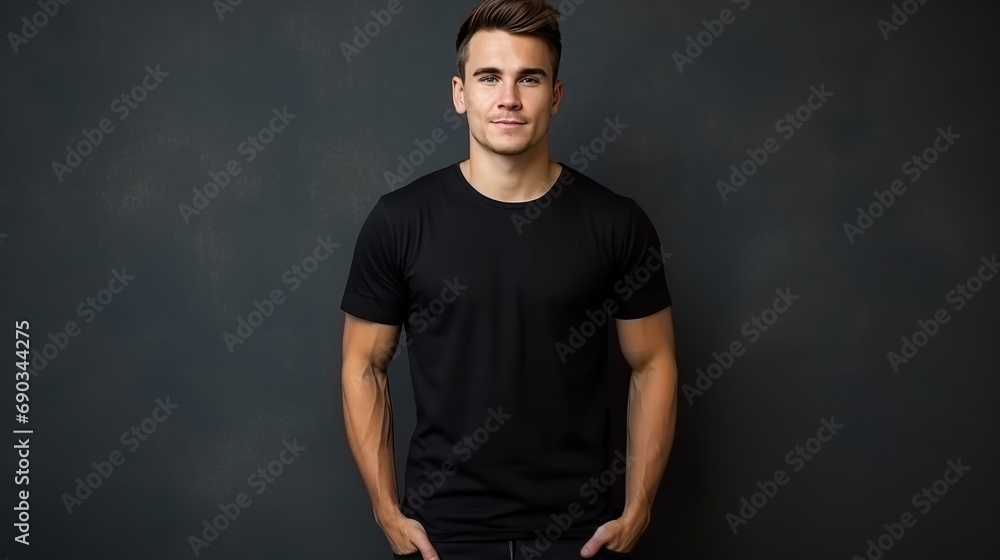 Handsome young  white  male wearing black blank cotton t-shirt with space for your logo or design generative ai