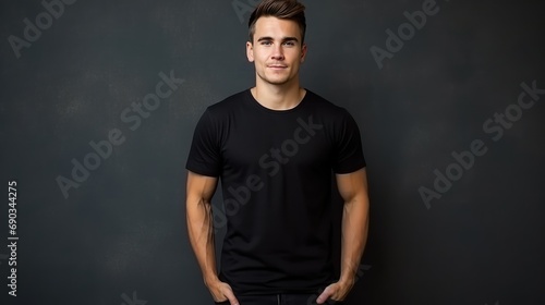 Handsome young white male wearing black blank cotton t-shirt with space for your logo or design generative ai