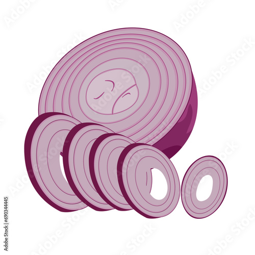 Half and sliced red onions isolated on white background Vector cartoon illustration