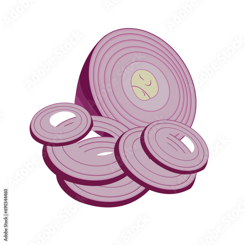 Half and sliced red onions isolated on white background Vector cartoon illustration