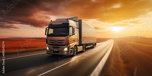 an illustration of a truck driving along a road with a sunset, Ai Generative