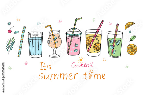 Cute set with cocktails collection, alcoholic and non-alcoholic summer drinks with ice cubes, fruits, drinking straws and text. Hand drawn. Great for bar menu design, packaging, banners, advertising.