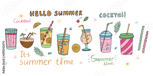 Colorful doodle set with cocktails collection, alcoholic and non-alcoholic summer drinks with ice cubes, fruits, drinking straws and text. Great for bar menu design, packaging, banners or advertising.