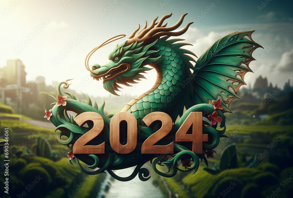 2024 Chinese new year, year of the dragon. Green wooden dragon and number, greeting card