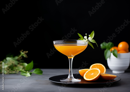 A bright Orange Basil Mocktail, its lively orange hue striking against the serene black backdrop, symbolizing a fusion of freshness and calm.